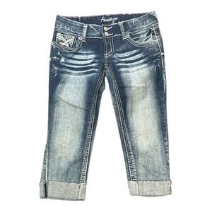 Amethyst Womens Capri Jeans‎ Size 3 Embellished Distressed Blue Denim